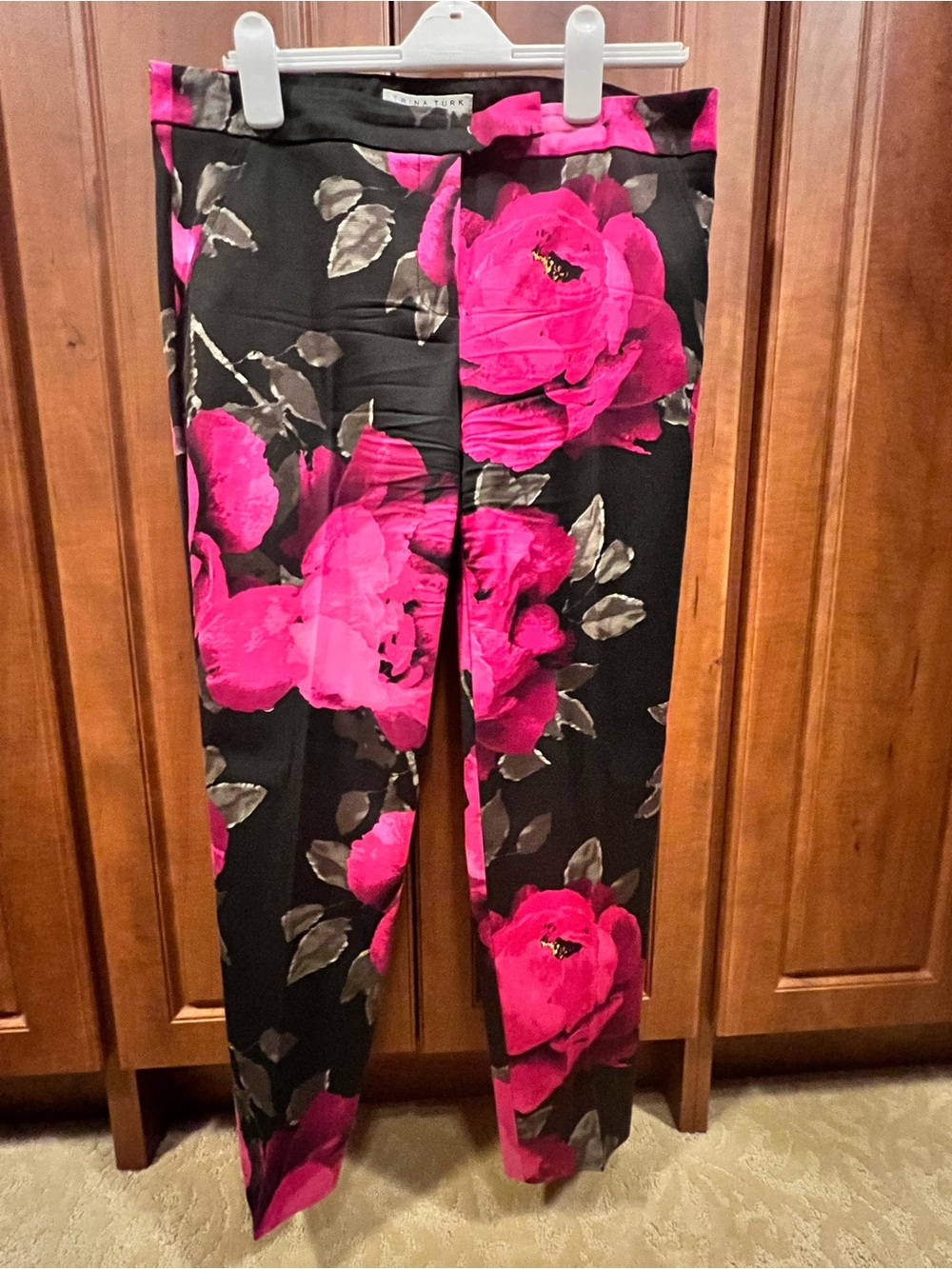 Trina Turk Black Pants with Bold Fuchsia Floral Print